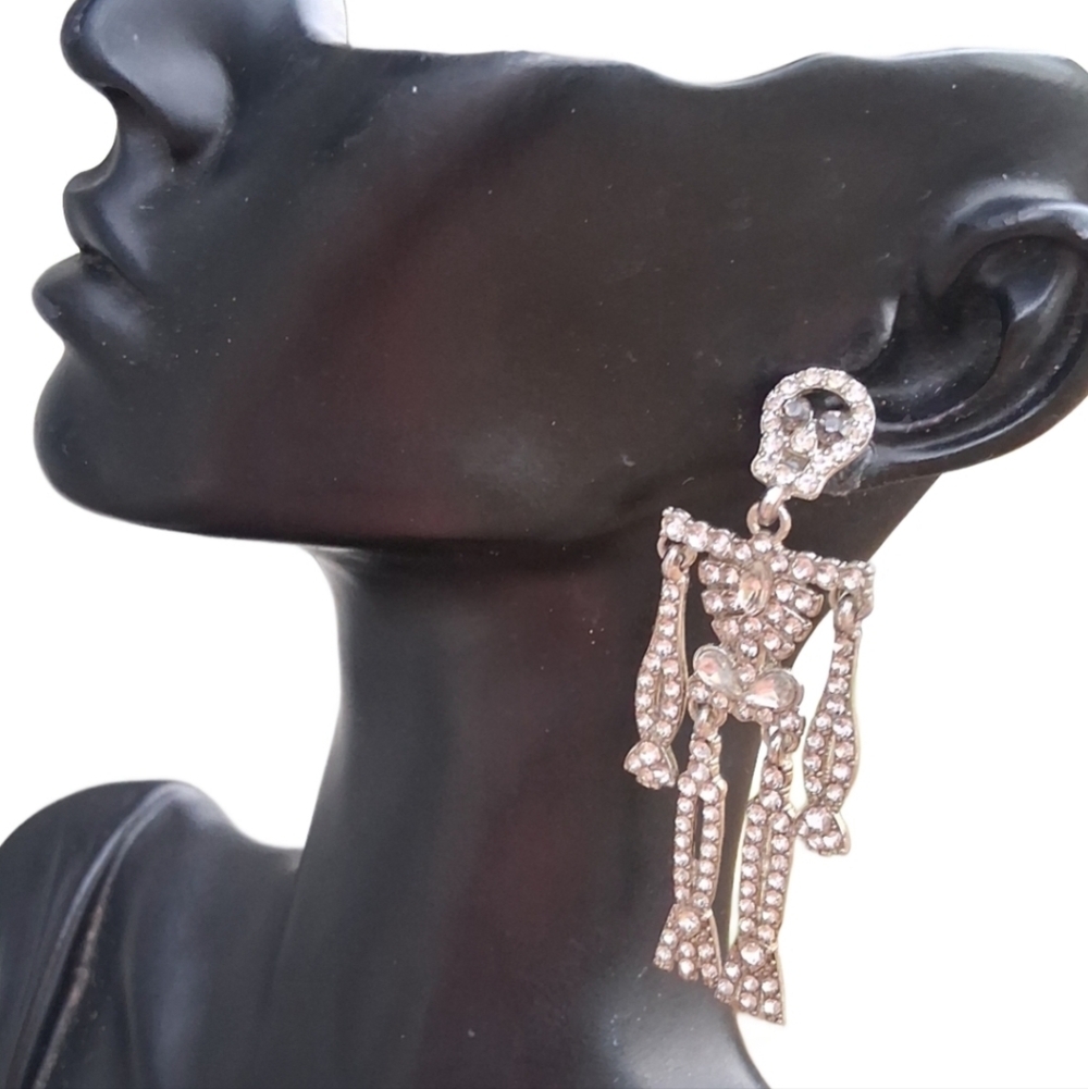 Sparkly Skeleton Dangle Earrings | Rhinestone Halloween Statement Jewelry - Picture 2 of 5